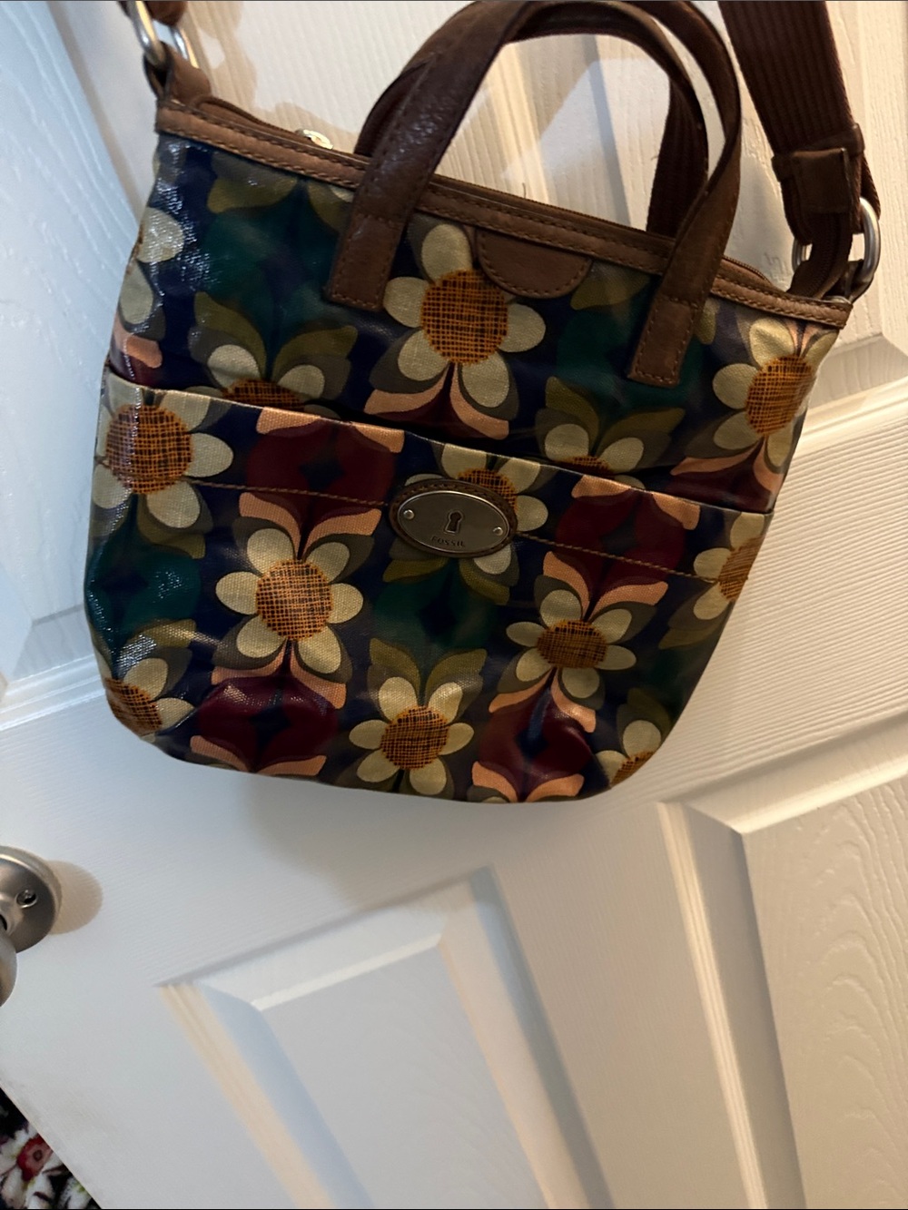 Floral Canvas Crossbody Bag with Brown Trim